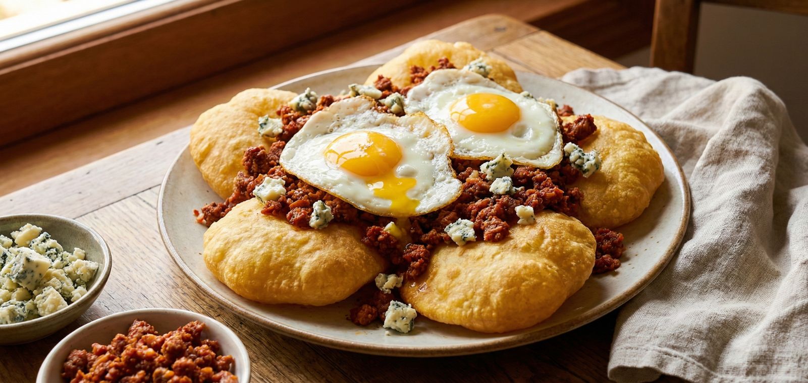 Tortos con Picadillo de Chorizo, Huevos Fritos y Queso Cabrales